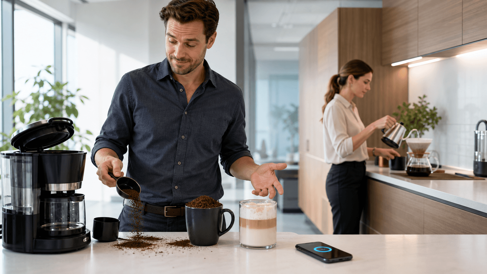 Steaming mug of coffee beside scattered beans and a tipped-over scoop on a sunlit wooden counter.