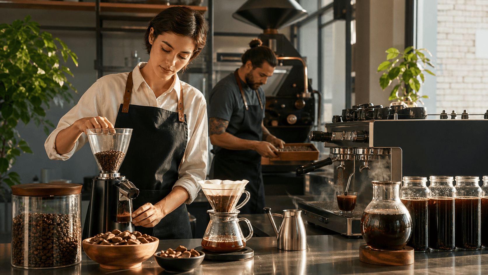 Glass of iced coffee and espresso beside whole coffee beans and mushrooms on a warm wooden table, soft light