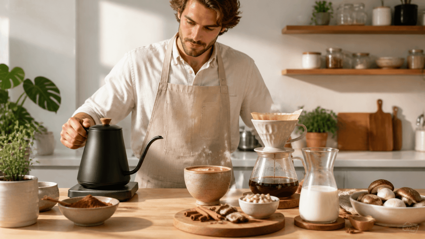Steaming mushroom coffee in a ceramic mug beside scattered coffee beans and dried mushrooms on a wooden table.