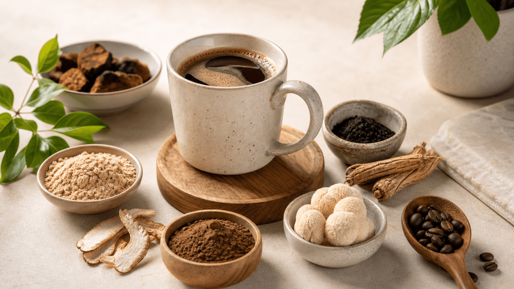 Steaming cup of coffee on a wooden table, surrounded by scattered coffee beans and herbs in warm morning light.