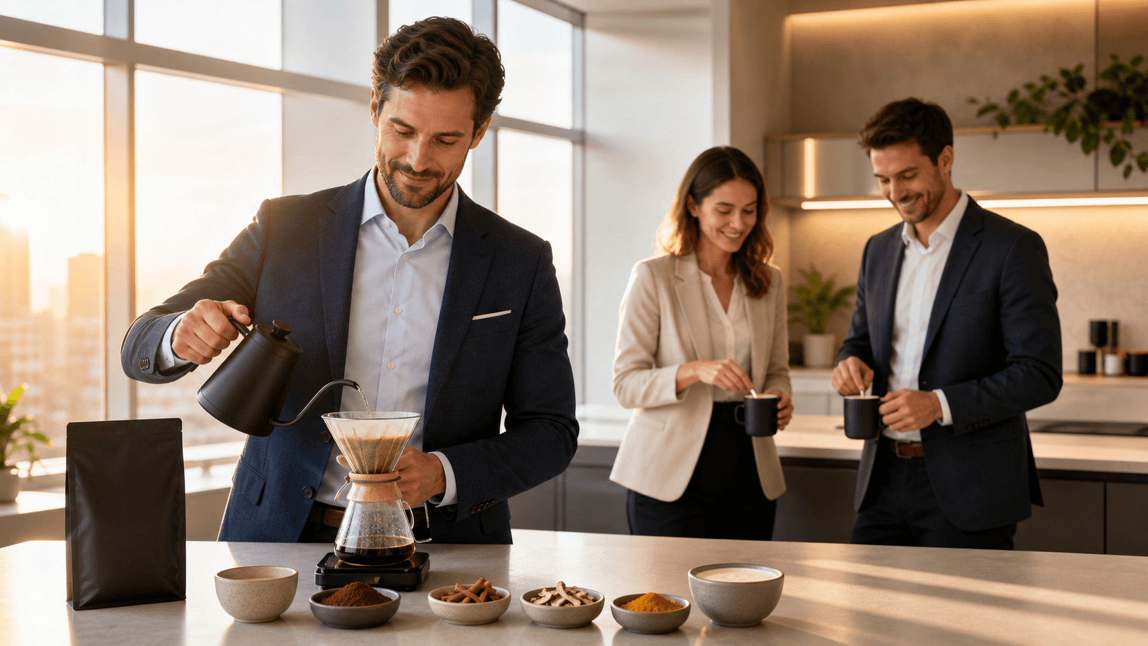 Steaming coffee cup beside a spoon of powdered blend on a sunlit kitchen counter, warm brown and cream tones.