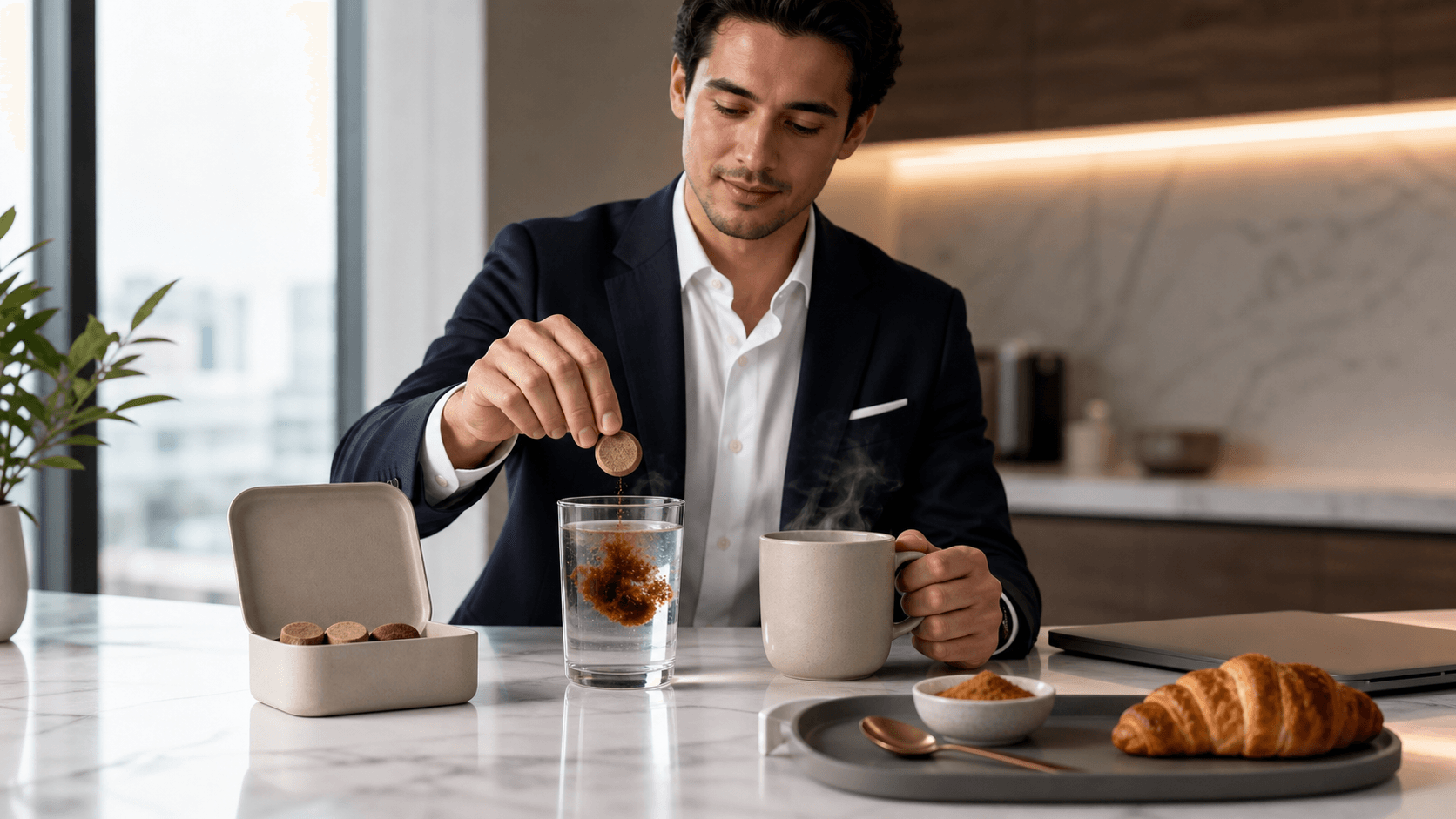Steaming coffee cup beside tablets on a wooden table, warm morning light, soft beige background.