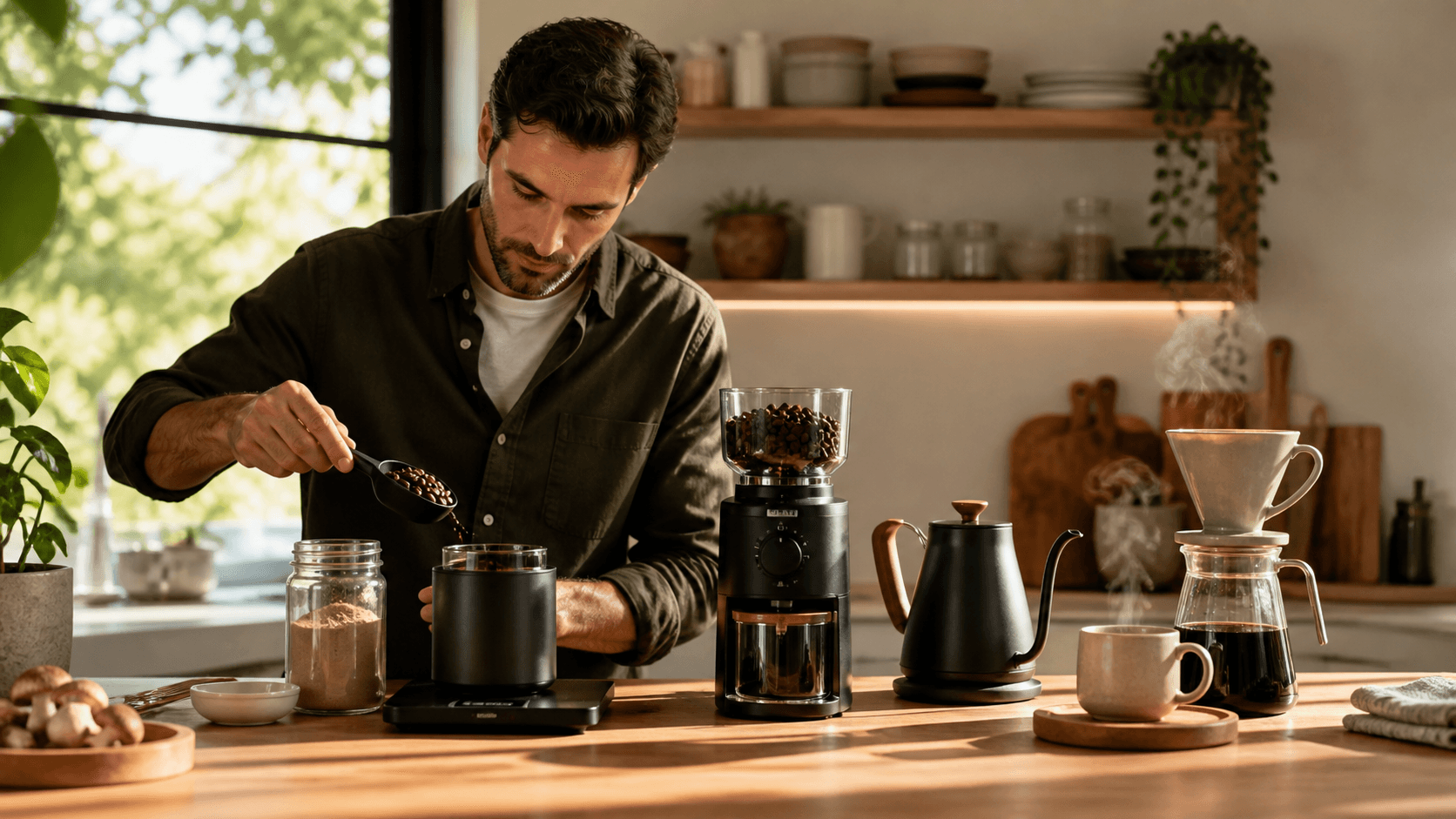 Whole coffee beans, mushroom powder, grinder, and pour-over gear arranged on a warm wooden counter.