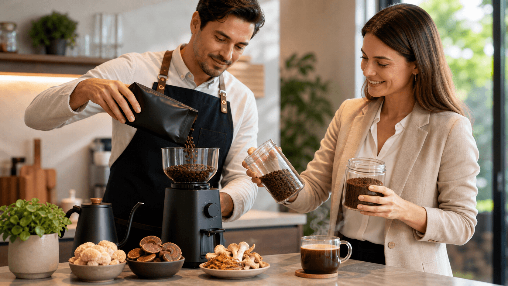 Rustic wooden table with a glass jar of coffee beans beside sliced mushrooms, softly lit with warm tones